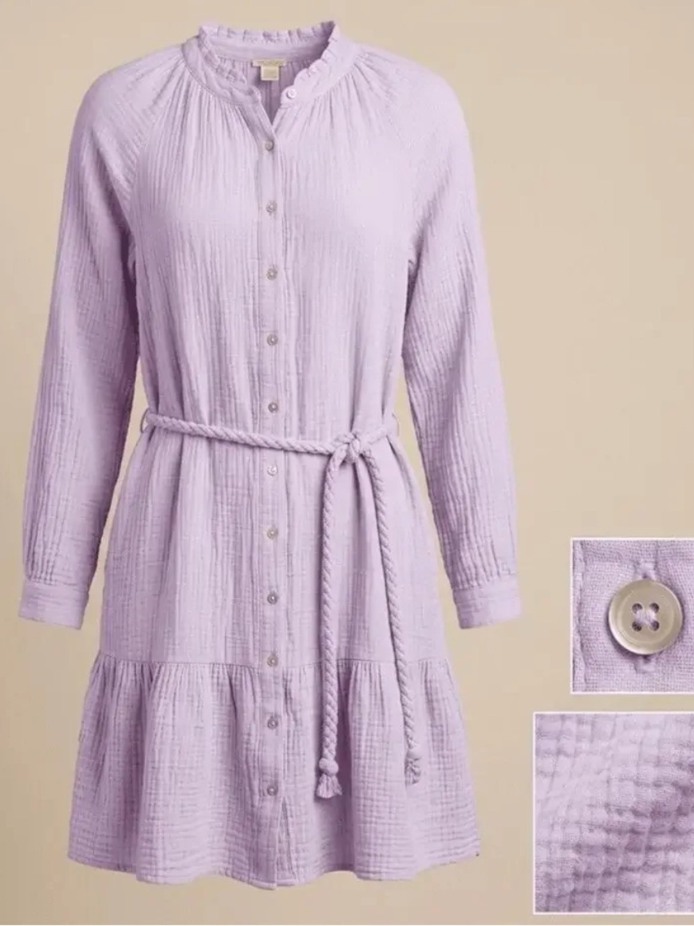 Magaschoni Soft Pastel Lavender Organic Cotton Gauze Shirt Dress XS Belted Midi